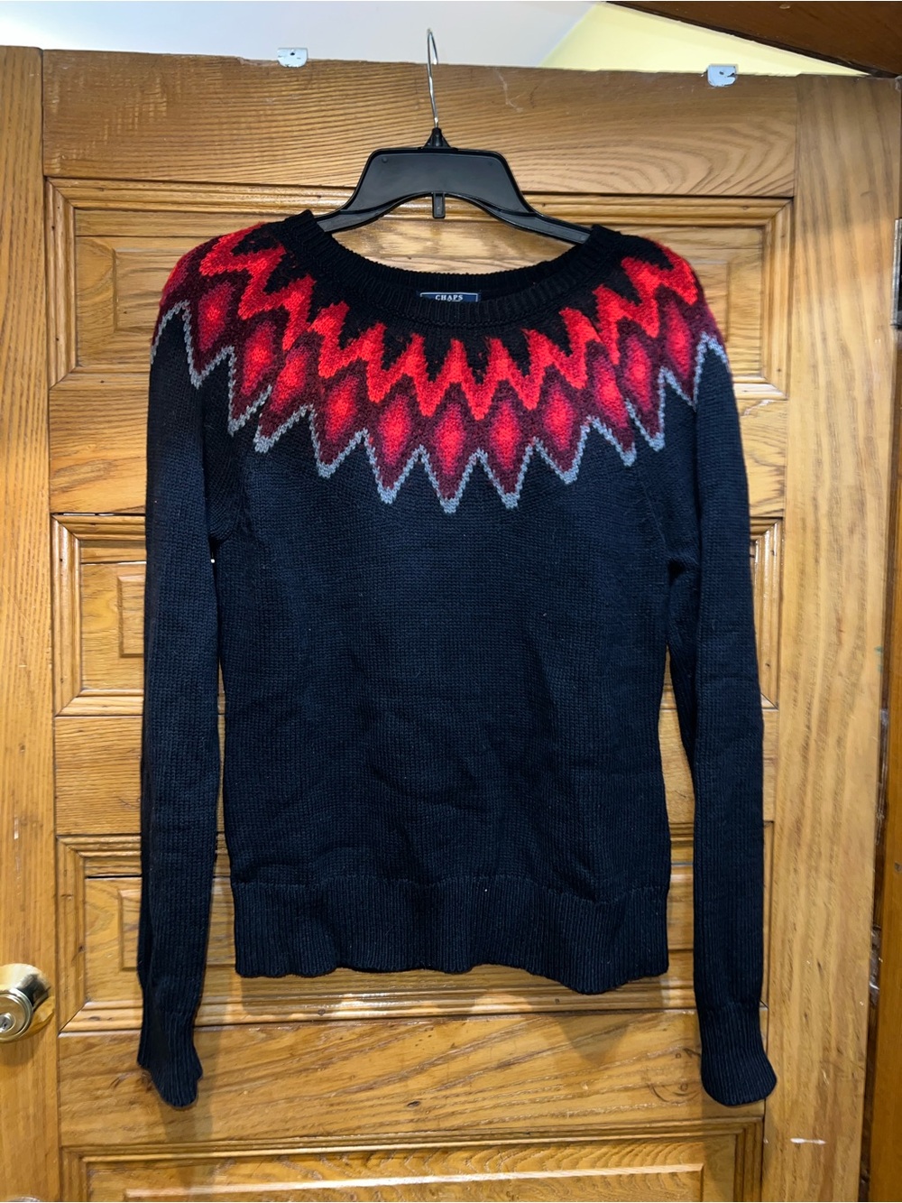 Chaps Black Sweater with Red Zigzag Detail